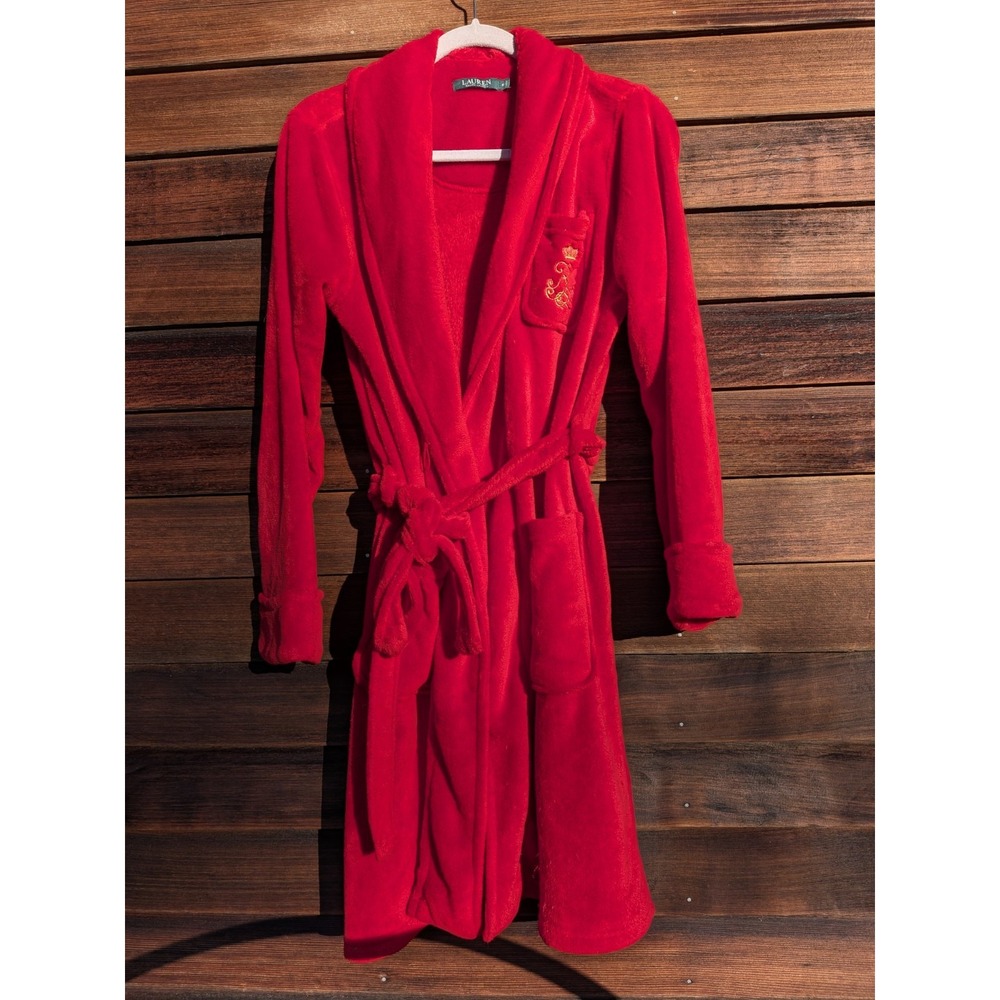 Ralph Lauren Women Sz M Fleece Robe Christmas Valentines Cozy Bathrobe Pockets
